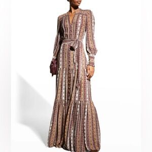 VERONICA BEARD Maidens belted tiered printed crepe de chine maxi dress US 6